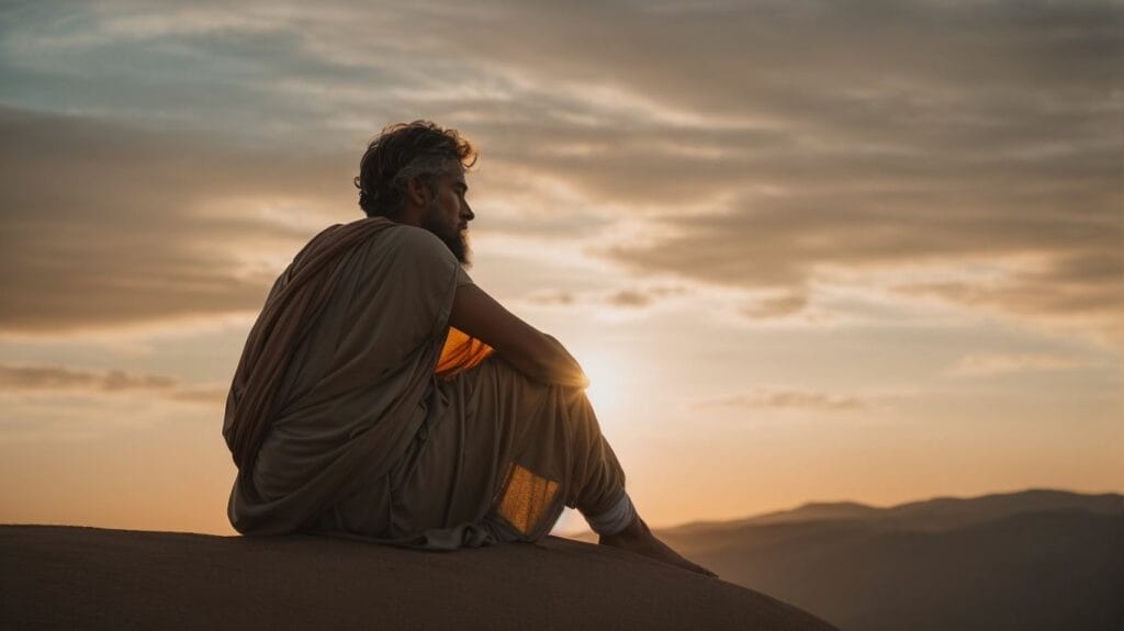 A stoic man sitting on top of a mountain at sunset.